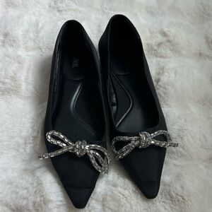 Zara Black Pointed Toe Flats with Crystal Bow